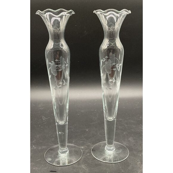 Princess House Other - Vintage Princess House Etched Heritage Floral Pair of Bud Vases 10"H No Flaws